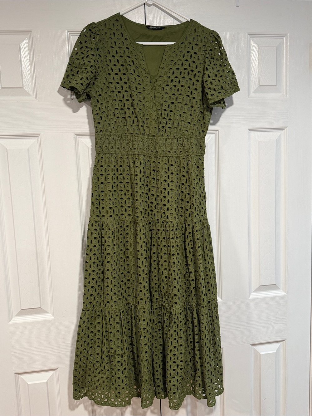 Women's Olive Eyelet Midi Dress with Smocked Waist